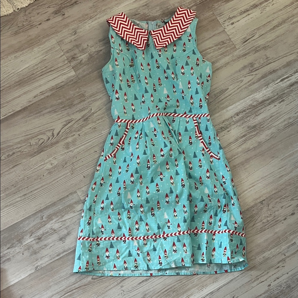 Modcloth Christmas Gnome Peppermint Stripe Turquoise and Red Patterned Dress XS